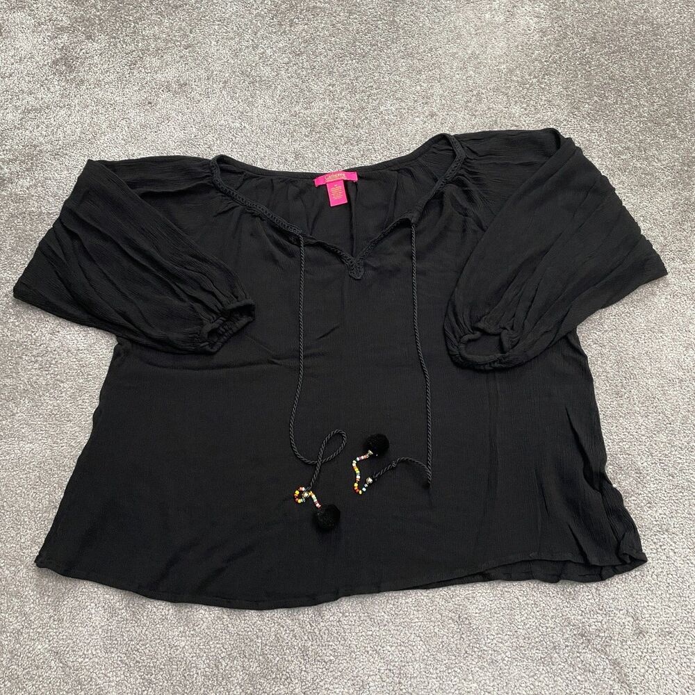 Catherine Malandrino Tunic Blouse Womens Medium Black Tasseled Rayon Bohemian